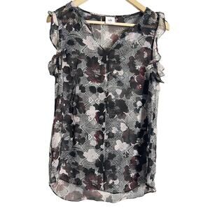 Cabi Black Floral Print Sleeveless Ruffled Sheer V-Neck Blouse Size Small